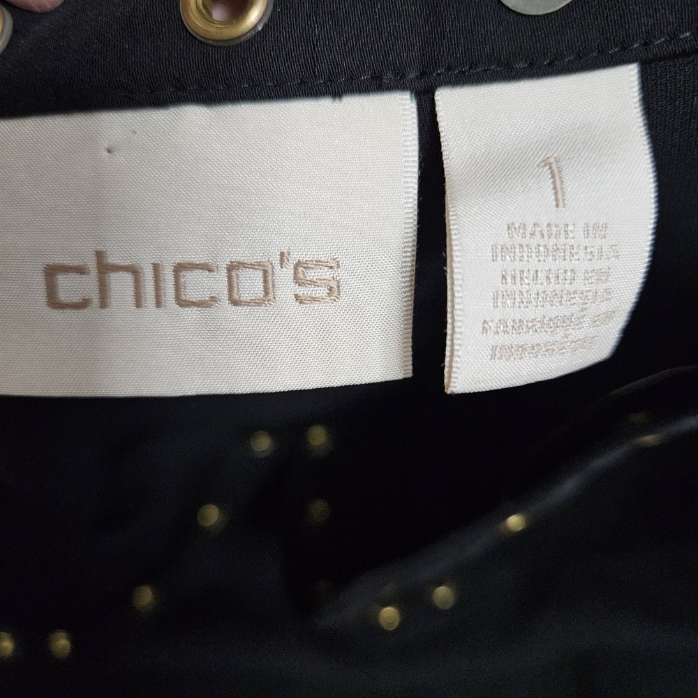Chico's Blouse Womens 1 Black Grommet Split Neck 3/4 Sleeve Top Metallic Detail - Picture 3 of 10